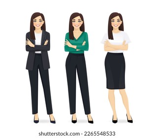 Young happy beautiful woman dressed in different business style clothes set isolated vector illustration