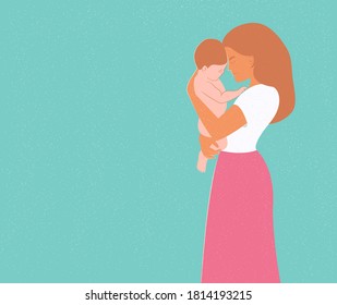 Young happy beautiful woman with newborn baby. Young mother holding baby. Vector illustration