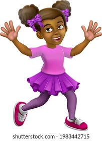 A young happy black little girl cartoon child character kid waving and running.