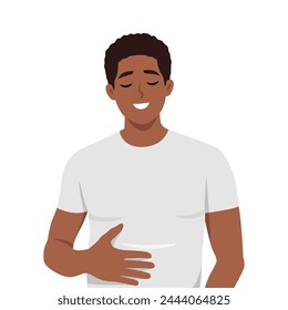 Young happy black man feel very full after eating too much food. Flat vector illustration isolated on white background