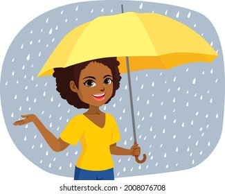 Young happy black woman under umbrella with raining weather touching raindrops autumn concept. Autumn girl character isolated on white background