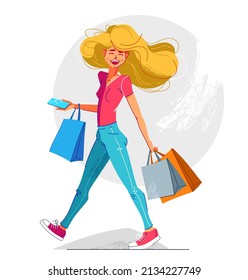 Young happy blond girl walking with bags after shopping vector illustration, funny cartoon young woman discount sale customer, beautiful and joyful.