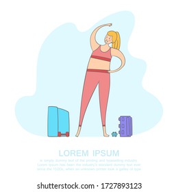 Young happy blonde woman doing sport. Morning exercise with sport implements. Space for text. Healthy life with sport. How to stay healthy at home. Workout concept vector for banner or site