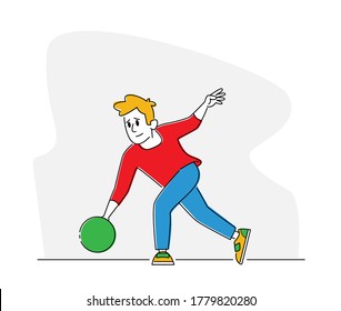Young Happy Bowler Male Character Wearing Casual Clothing Throw Ball in Bowling Alley. Professional Player Sport Game Competition, Active Lifestyle, Hobby Recreation. Linear Vector Illustration