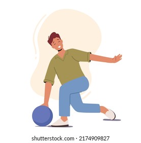 Young Happy Bowler Male Character Wearing Casual Clothing Throw Ball in Bowling Alley. Professional Player Sport Game Competition, Active Lifestyle, Hobby Recreation. Cartoon Vector Illustration