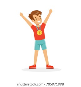 Young happy boy with a first place medal, athletes kid celebrating his golden medal cartoon vector Illustration