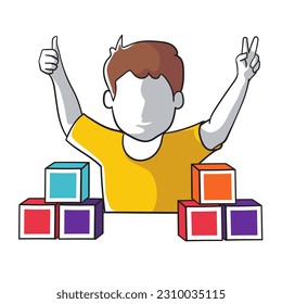Young happy boy playing stack of puzzle block on table and giving thumbs up gesture in kindergarten