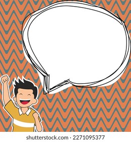 Young happy boy presenting important information and brand new agenda. Big white speech bubble for text on bright colored background. Vector drawing illustration.