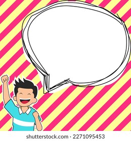 Young happy boy presenting important information and brand new agenda. Big white speech bubble for text on bright colored background. Vector drawing illustration.