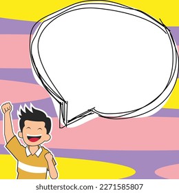 Young happy boy presenting important information and brand new agenda. Big white speech bubble for text on bright colored background. Vector drawing illustration.