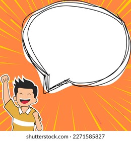 Joven niño feliz presentando información importante y una agenda flamante. Gran burbuja de habla blanca para texto con fondo de color brillante. Ilustración del dibujo del vector.