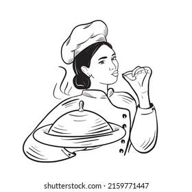 Young happy brunette chef in uniform holds a dish and shows that it is delicious.Vector illustration.