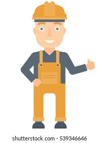 Junge glückliche Bauer in hartem Hut geben Daumen auf. Lächelnder Bauer mit Daumen nach oben. Kaukasischer Bauer in Overalls und Helm geben Daumen. Vektorgrafik mit flachem Design, einzeln auf weißem Hintergrund.