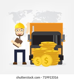 Young happy Business man hold board, with truck, import export concept