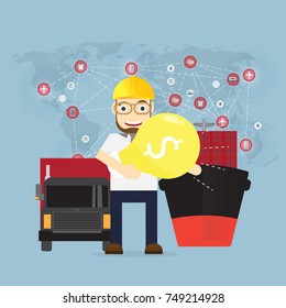 Young happy Business man hold idea light bulb, with truck and ship, import export concept