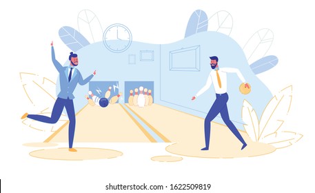 Young Happy Business Men Wearing Casual Clothing Throw Balls Hitting Perfect Strike in Bowling Alley. Professional Player at Sport Game Competition, Active Lifestyle. Cartoon Flat Vector Illustration