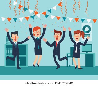 Young and happy business people jumping in office. Successful, smiling men and women celebrating victory