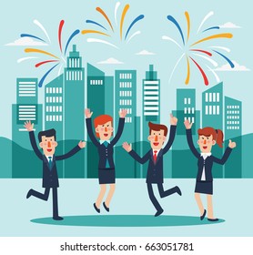 Young, happy business people jumping in the city street. Successful, smiling men and women celebrating victory