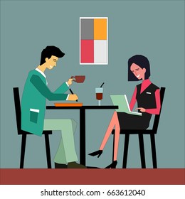 Young and happy business people working at coffee table drinking coffee and drink. Relaxed working concept illustration vector.
