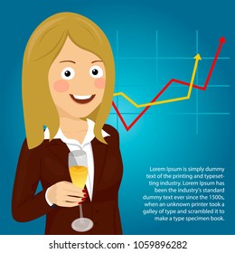 Young happy business woman showing her champagne glass against positive graph