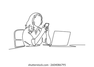 Young happy business woman, smiling beautiful professional lady worker looking at smartphone. Technology in business concept. Single line draw design. Vector graphic illustration