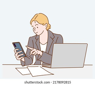 Young happy business woman using laptop computer working at his desk at home office. Hand drawn in thin line style, vector illustrations.