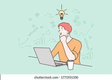  Young happy businessman boy freelancer working on laptop having idea. Creativity and goal achievement intelligence knowledge.