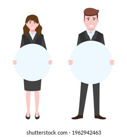 Young happy businessman and businesswoman character standing and holding placard in different shape isolated
