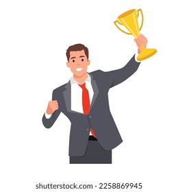 Young happy businessman celebrate victory. Cup winner. Inspiration and motivation. Flat vector illustration isolated on white background