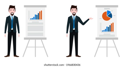 Young happy businessman character set wearing business outfit standing with sales presentation board and pointing, isolated