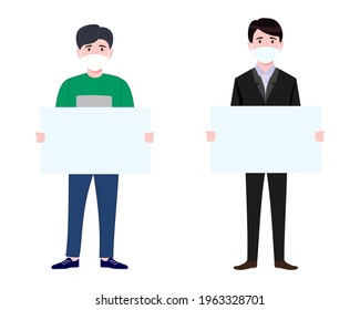 Young happy businessman characters standing wearing business outfit and facial mask and holding placard