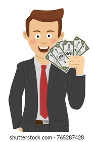 Young happy businessman with fan of money