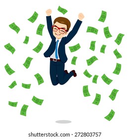 Young happy businessman jumping surrounded by green dollar money bills falling