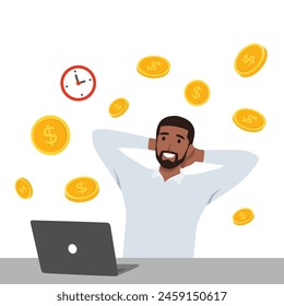 Joven empresario feliz con la computadora portátil obtener dinero . Hombre de negocios de comercio de ingresos en línea. Ilustración vectorial plana aislada sobre fondo blanco