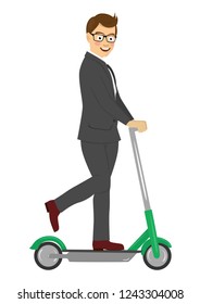 Young happy businessman riding his electric scooter isolated on white background