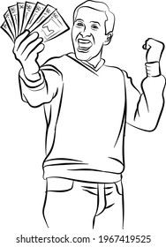 Young happy businessman showing cash, money and showing success. Person holding currency notes. Male character design illustration. Human emotions and expressions concept in vector cartoon style.