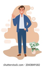 A young, happy businessman shows a hand gesture - everything is in order. A cheerful guy who demonstrates a good gesture. Vector illustration in a flat style.