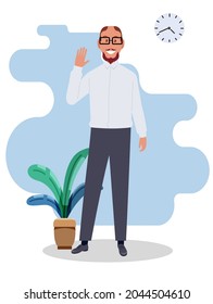 A young, happy businessman shows a hand gesture - everything is in order. A cheerful guy who demonstrates a good gesture. Vector illustration in a flat style.