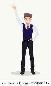 A young, happy businessman shows a hand gesture - everything is in order. A cheerful guy who demonstrates a good gesture. Vector illustration in a flat style.