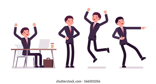 Young happy businessman sitting at the desk with computer, raised hands, standing in akimbo pose, jumping with joy, pointing with finger and laughing, full length, front and rear view, isolated
