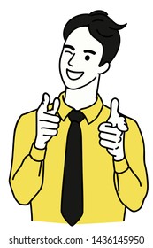 Young happy businessman, smiling and laughing, eye winking and two hands pointing at you. Linear, thin line art, hand drawn sketch design, simple style.