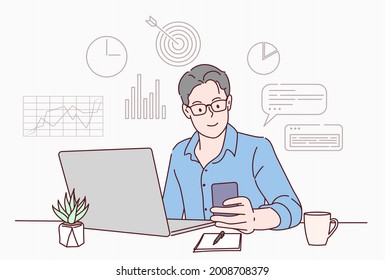 Young happy businessman using laptop computer working at his desk at home office. Hand drawn in thin line style, vector illustrations.