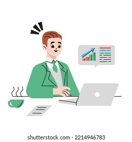 Young happy businessman using laptop computer working at his desk at home office. Simple flat vector illustrations.