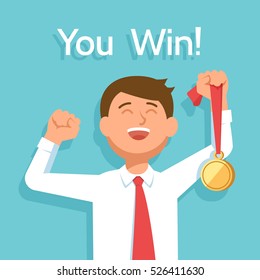 Young happy businessman winner with award champion gold medal celebrates victory and success. Vector illustration you win on blue background