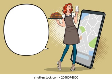 Young happy businesswoman takes an order  food online concept pop art retro comic style.
