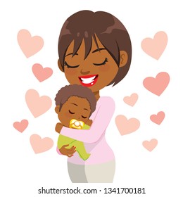 Young happy caring smiling African American mother holding sleeping cute baby