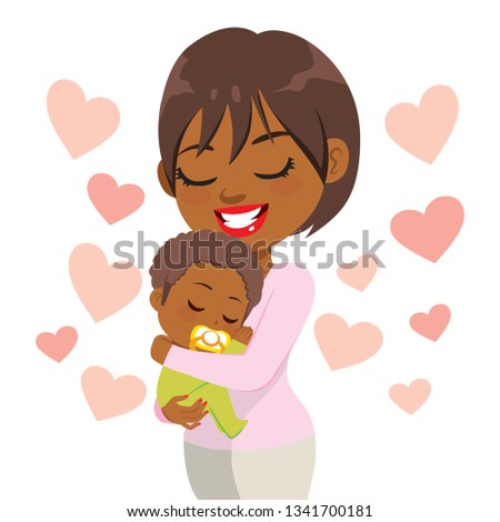Young happy caring smiling African American mother holding sleeping cute baby
