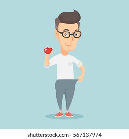 Young happy caucasian man on a diet. Slim smiling man in oversized trousers showing the results of his diet. Concept of dieting and healthy lifestyle. Vector flat design illustration. Square layout.