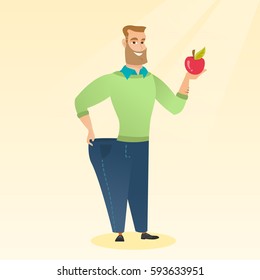 Young happy caucasian man on a diet. Slim smiling man in oversized pants showing the results of his diet. Concept of dieting and healthy lifestyle. Vector flat design illustration. Square layout.