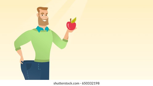 Young happy caucasian man on a diet. Slim smiling man in oversized pants showing the results of his diet. Concept of dieting and healthy lifestyle. Vector flat design illustration. Horizontal layout.